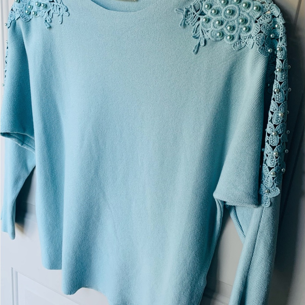 Elegant Light Blue Sweater Top with Pearls Embroidery Gorgeous